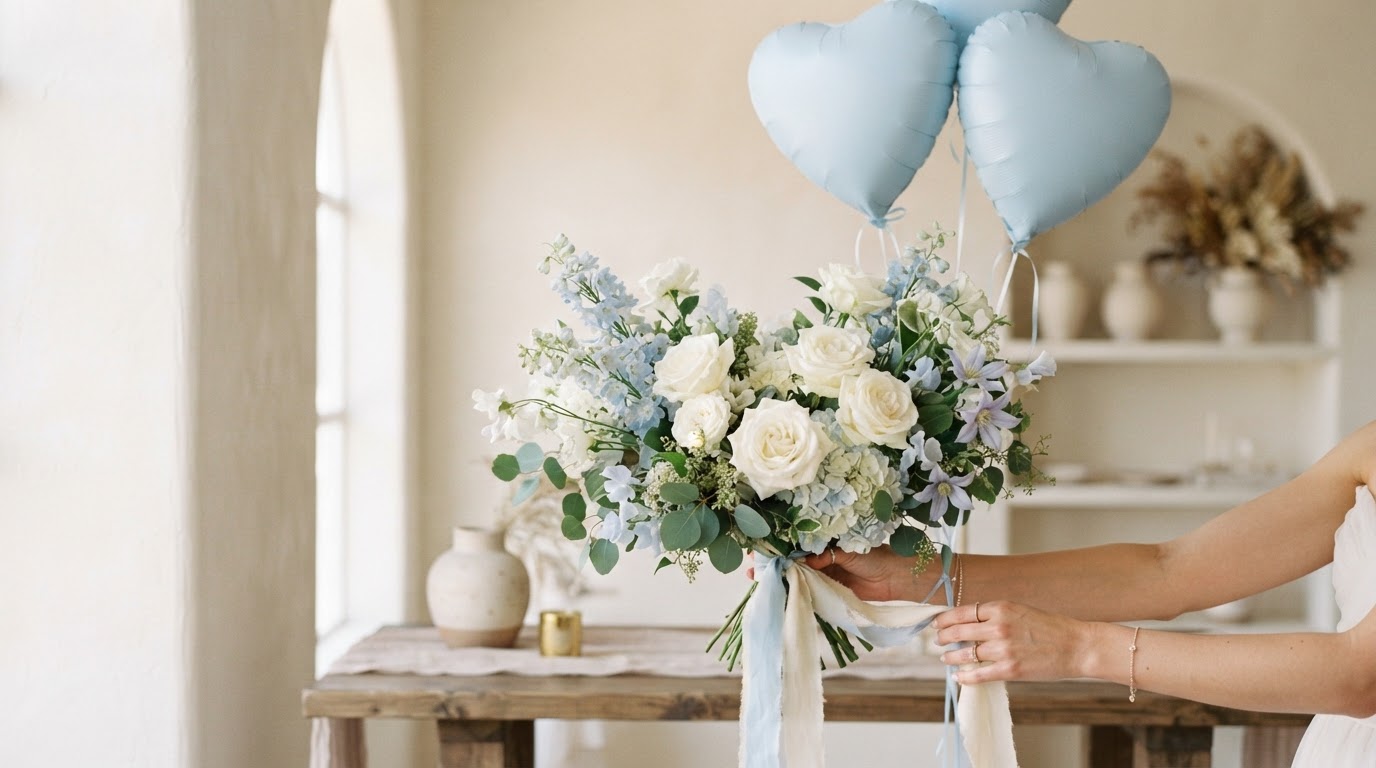 Amelia Rose Floral Couture luxury bouquet with light blue heart balloons